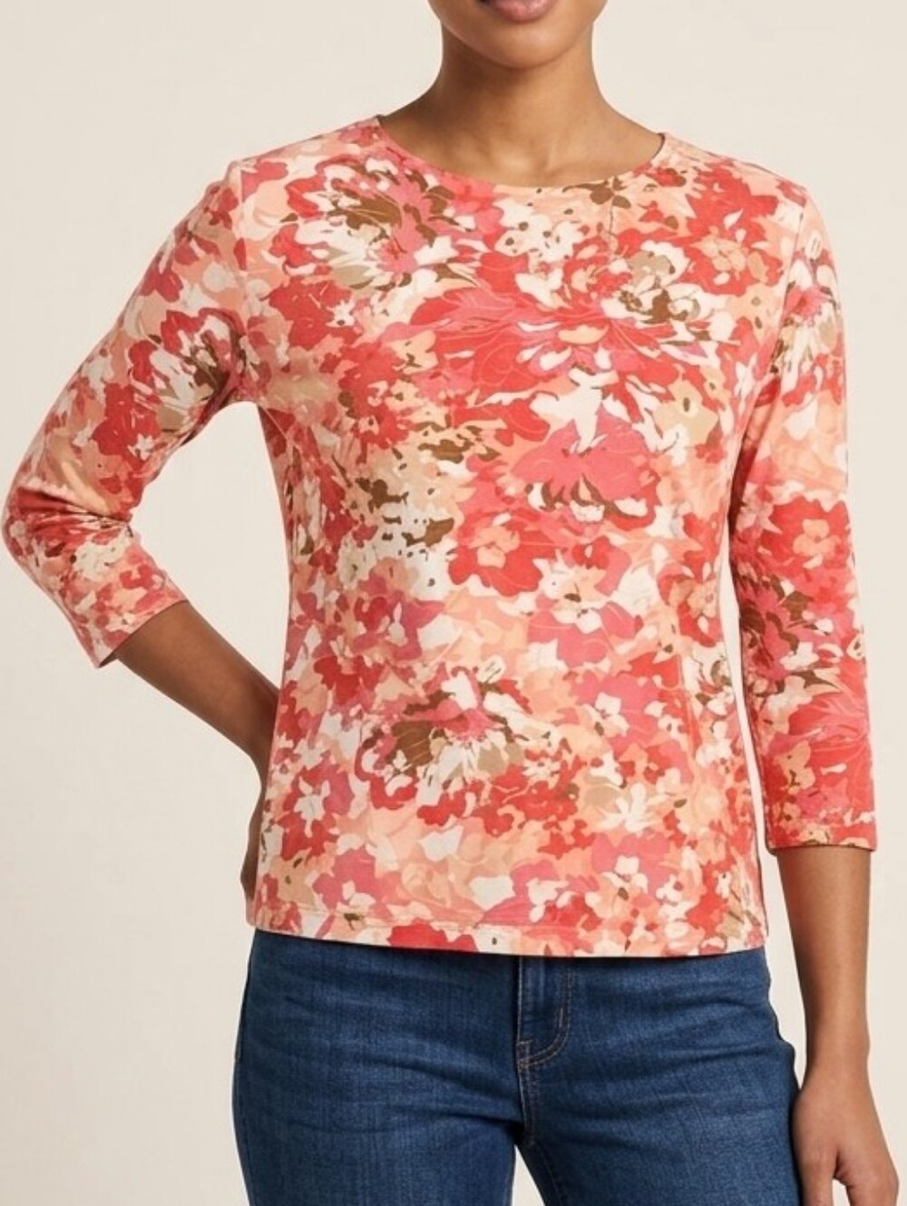 JM Collection Pink & Orange Abstract Floral 3/4 Sleeve Top - Size PM